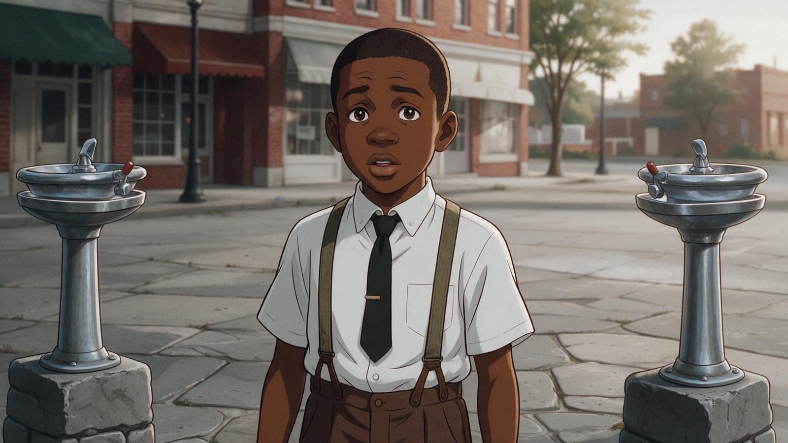Emmit standing between two drinking fountains