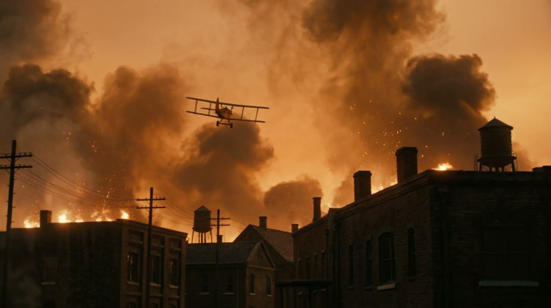 A biplane crossing a smoke-filled sky over burning rooftops, Tulsa 1921