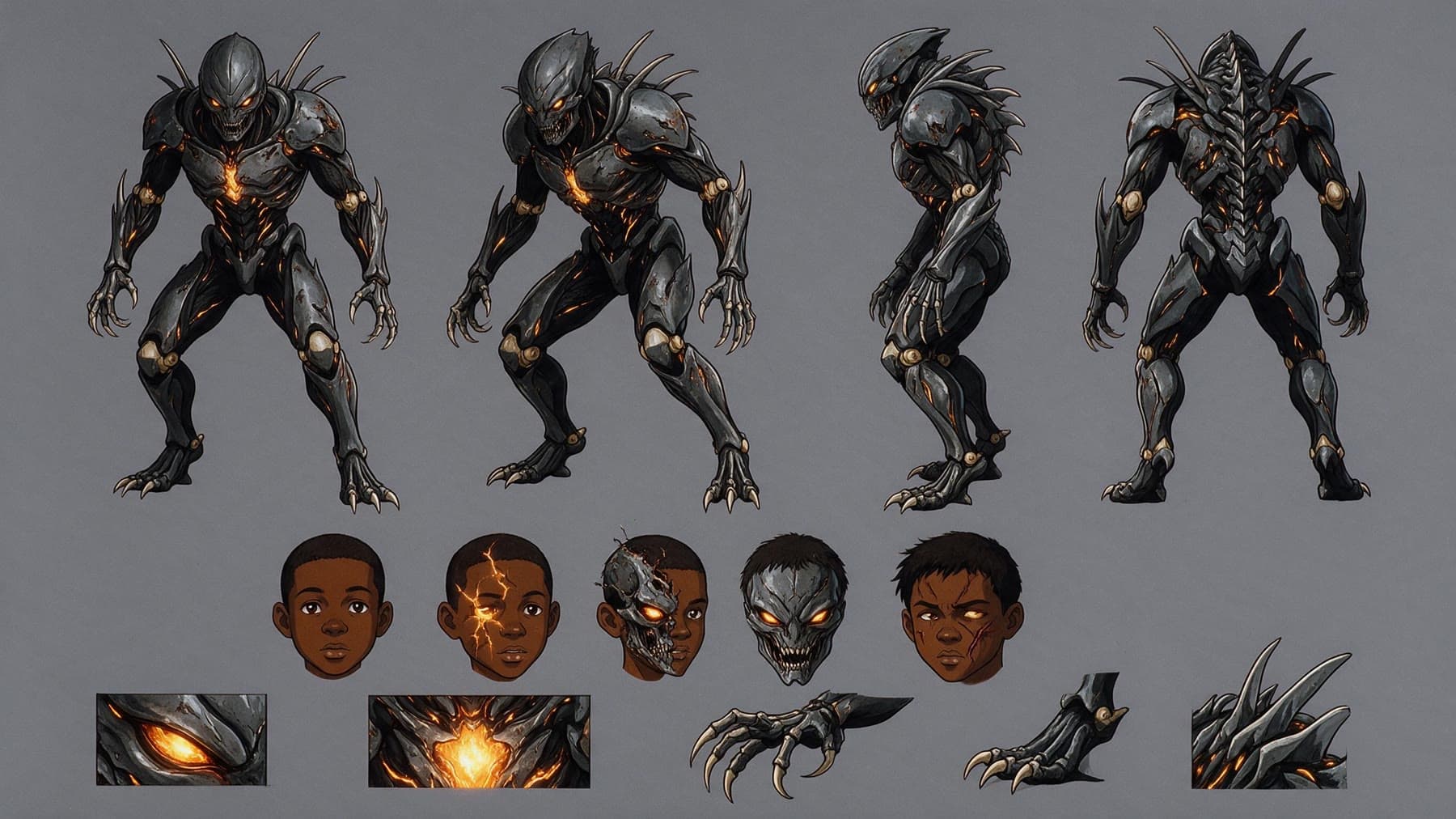 Model sheet of Emmit's combat form: gunmetal plating, amber core, bone claws