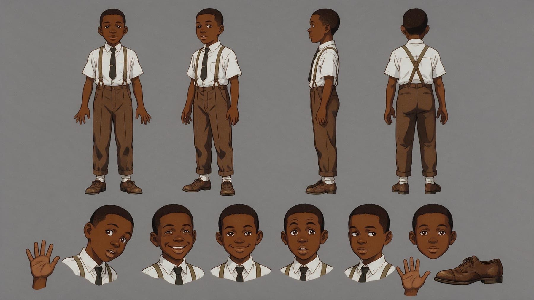 Model sheet of Emmit in his white shirt, tie, suspenders and brown trousers